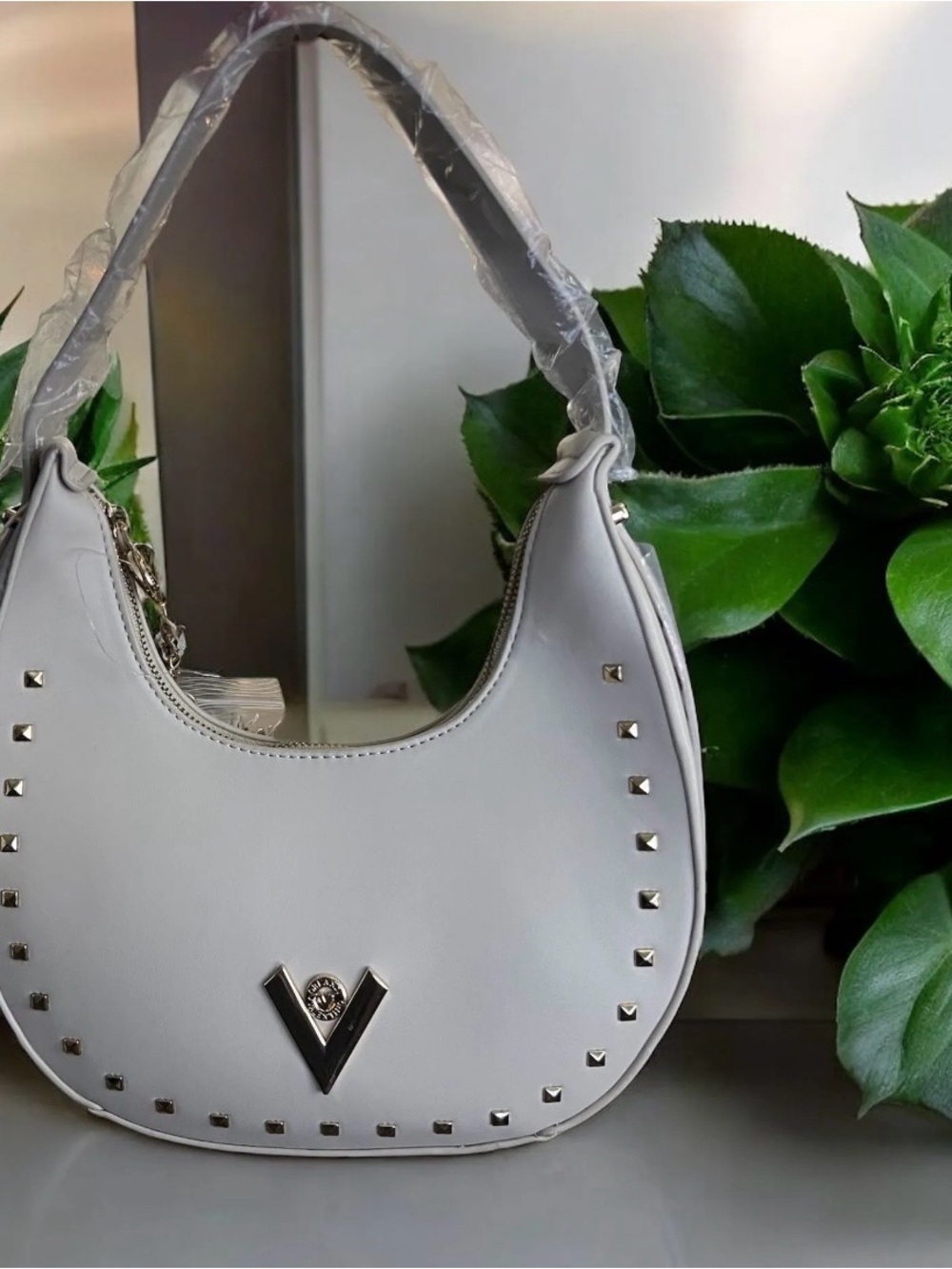 Valentino White Crescent Shoulder Bag with Silver Studs
